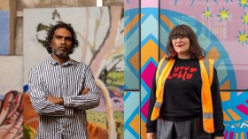 Two photos collaged side by side. On the left is Vincent Namatjira, a middle-aged First Nations man with dark brown skin, wearing a black and white stripe shirt and standing with his arms folded. On the right is Jarra Karalinar Steel, a young woman with pale skin and brown hair, smiling and standing in front of a colourful tram.