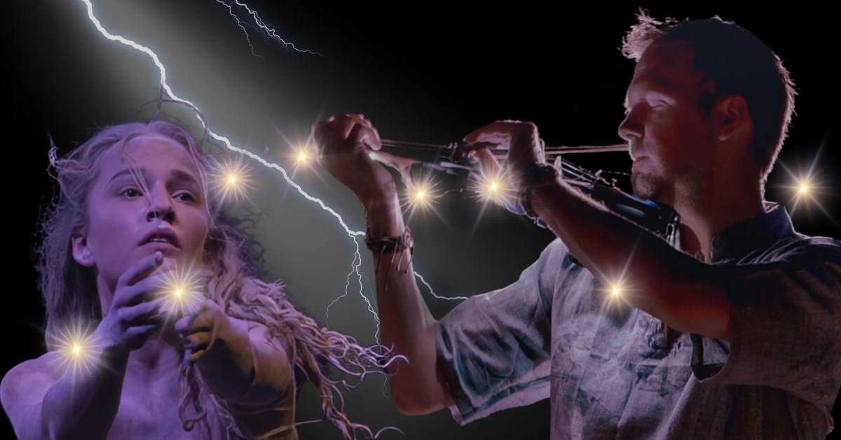 Hero image for 'Thunderstruck: A Night of Classic Rock' at Adelaide Fringe 2025. A photoshopped image a a dancer and a violinist overlayed with images of lightning.