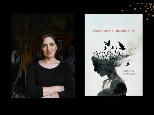 Two panels. On the left is Amanda Anastasi, a woman with long brown hair wearing a dark top. On the right is the cover of her book, Taking Apart the Bird Trap. It features a black and white illustration of a birds away from the top of a woman's head.