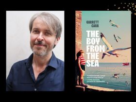 Two panels. On the left is author Garrett Carr who has grey hair and beard and wearing a navy blue shirt. On the right is the cover of his book 'The Boy From the Sea' that feature a young boy on the left looking at the sea with seagulls flying above.