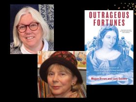 On the top panel is Megan Brown who has short white hair and is wearing glasses. Below her in another panel is Lucy Sussex, who has blonde hair and is wearing a brown woollen hat. On the right is the cover of their book 'Outrageous Fortune' that features a blue and white illustration of a woman in period dress. There are two knives held aloft beside her.