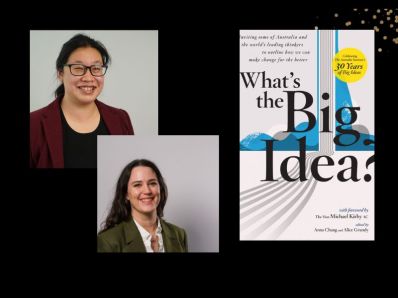 Three panels. On the top left is Anna Chang, an Asian woman with glasses and her hair tied back. On the bottom is Alice Grundy, who has long brown hair. On the right is their book, 'What's the Big Idea?"