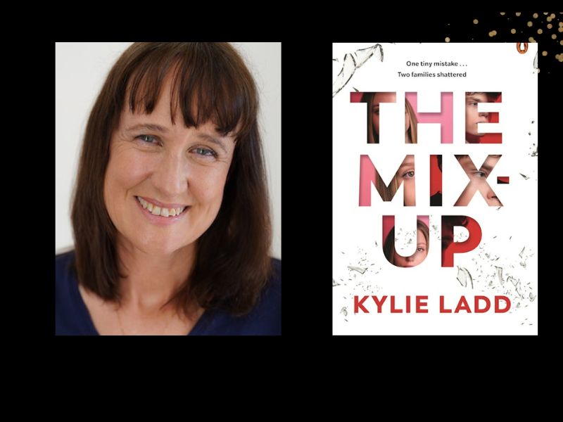 Two panels. On the left is author Kylie Ladd. She has shoulder-length brown hair and is smiling. On the right is the cover of her book 'The Mix-Up", which is in big font.