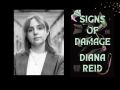 Two panels. On left is author Diana Reid in a black and white photo. She has fair shoulder hair and wearing a white top under a blazer. On the right is the cover of her book 'Signs of Damage' that has a flower woven in between the title.