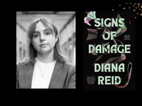 Two panels. On left is author Diana Reid in a black and white photo. She has fair shoulder hair and wearing a white top under a blazer. On the right is the cover of her book 'Signs of Damage' that has a flower woven in between the title.