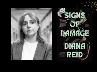 Two panels. On left is author Diana Reid in a black and white photo. She has fair shoulder hair and wearing a white top under a blazer. On the right is the cover of her book 'Signs of Damage' that has a flower woven in between the title.