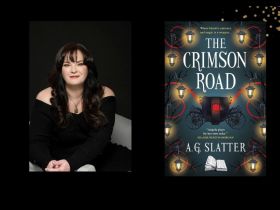 Two panels. On the left is author A G Slatter, who has dark hair and is wearing a black off the shoulder top. On the right is the cover of her book, 'The Crimson Road', with a carriage in the centre and street lamps surrounding it.