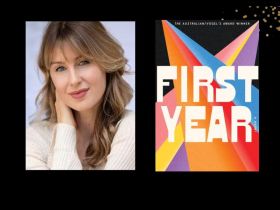 Two panels. On the left is author Kristina Ross. She has blonde wavy hair. On the right is the cover of her book 'First Year'. It has a multicoloured starburst on it.